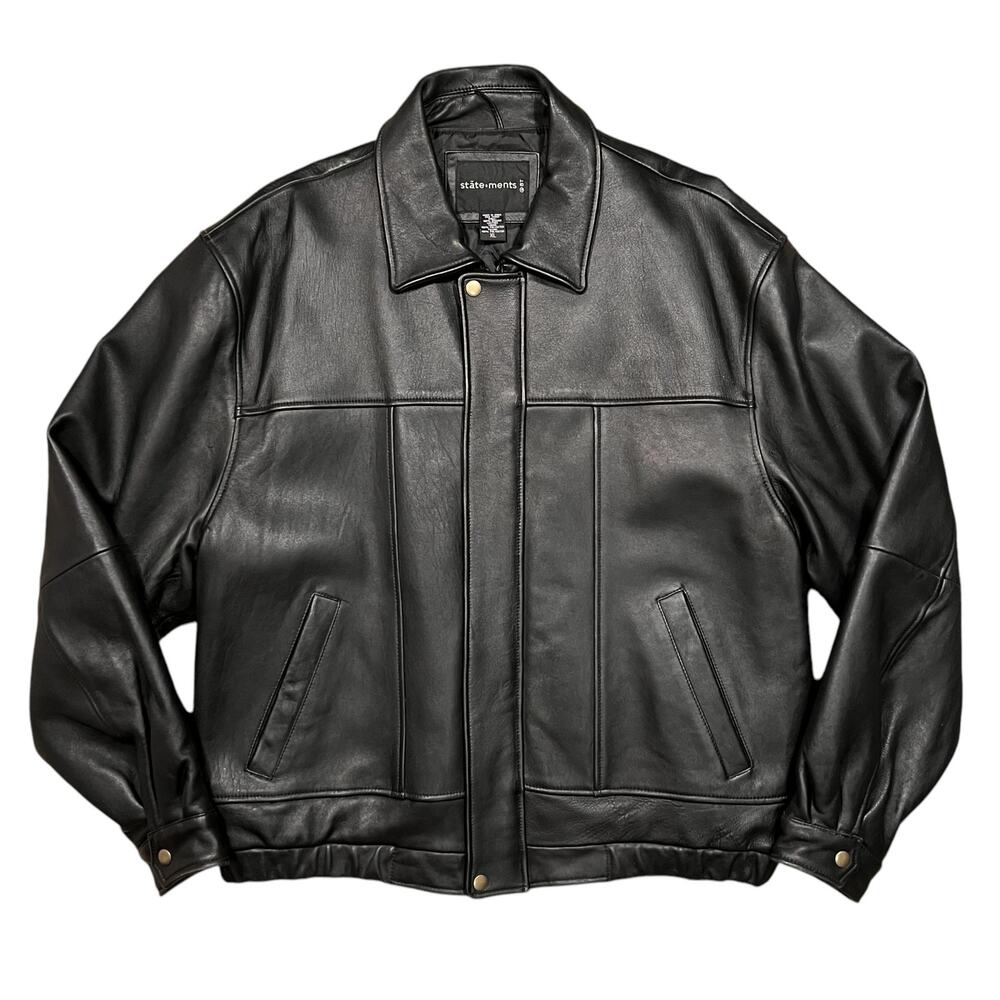 State Ments Black Leather Soft Shell Vintage Y2K Zip Bomber Jacket Mens Size XL
